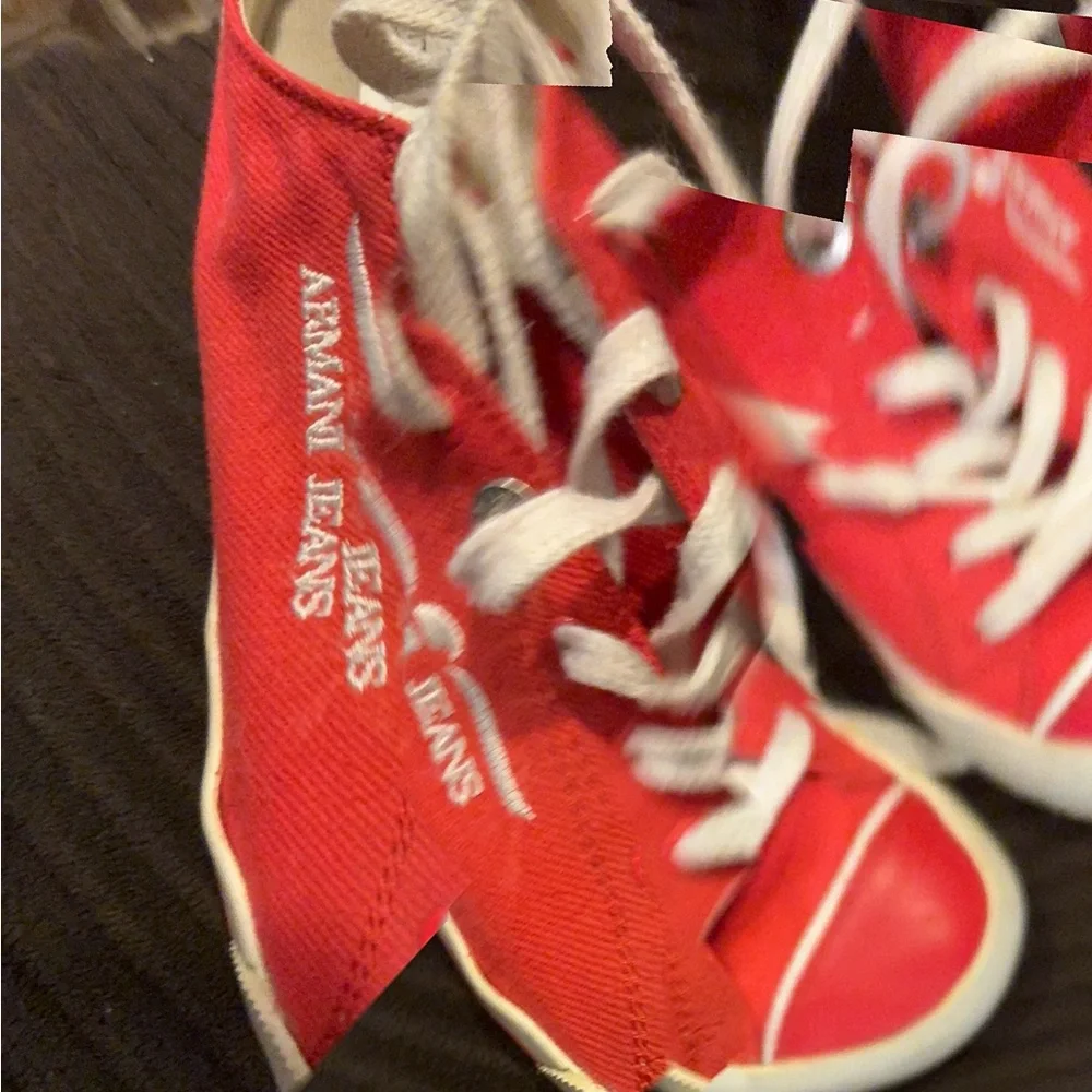 Red Armani Jeans tennis shoes, unisex men’s size 7.5/40.5!!!!